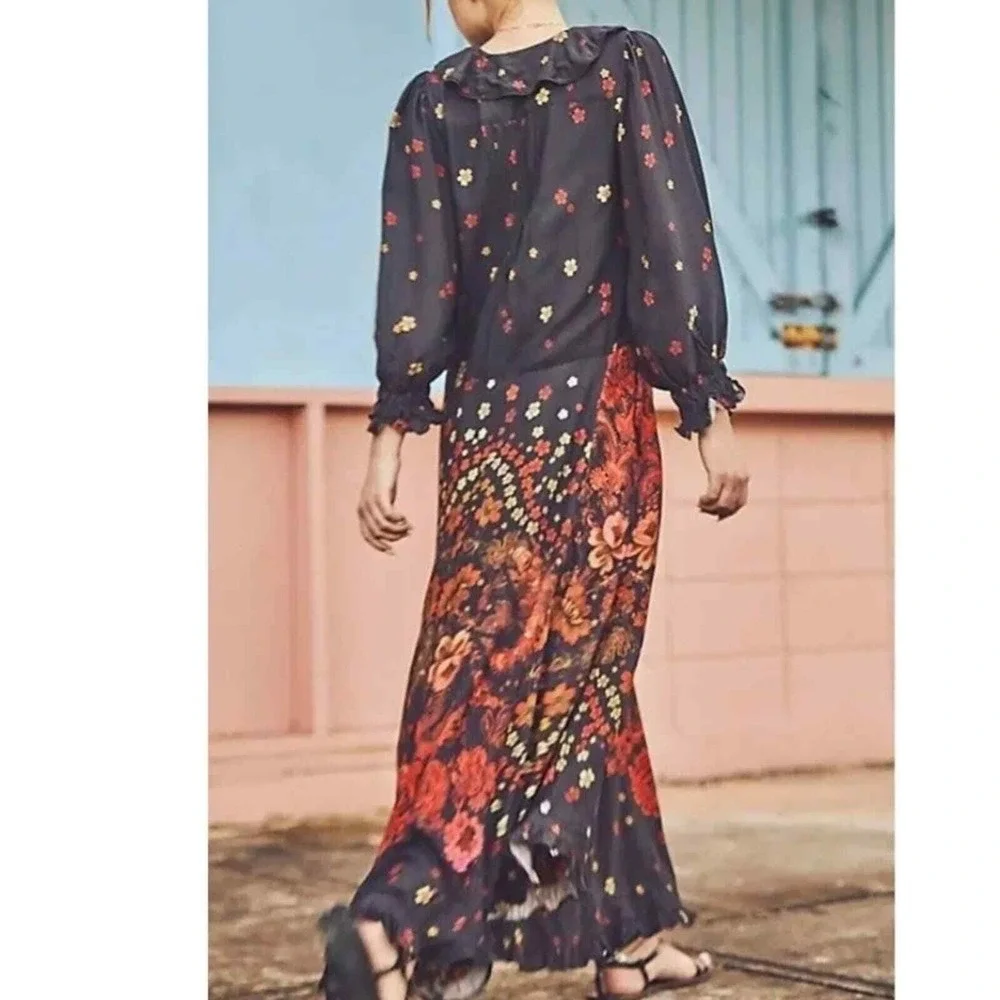 Free People Talsey ruffled‎ Maxi Dress in black combo size small